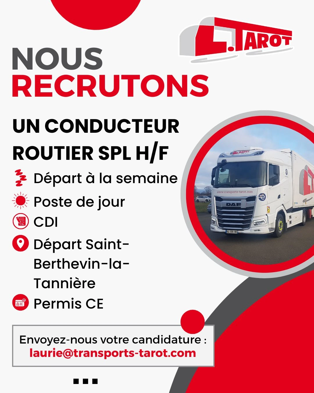 Annonce offre emploi conducteur spl St Berthevin La Tannière Transports Tarot
