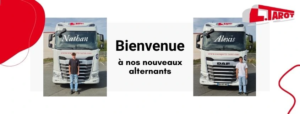 Deux camions Transports Tarot derrière Nathan et Alexis, nouveaux alternants CAP Conducteur Routier et BTS GTLA.